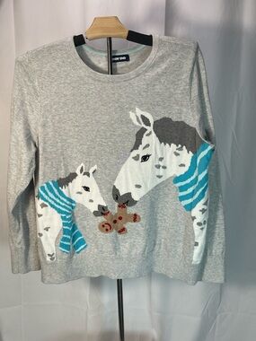 Lands' End Gray Holiday Sweater w/Horses sharing a gingerbread. Winter festive